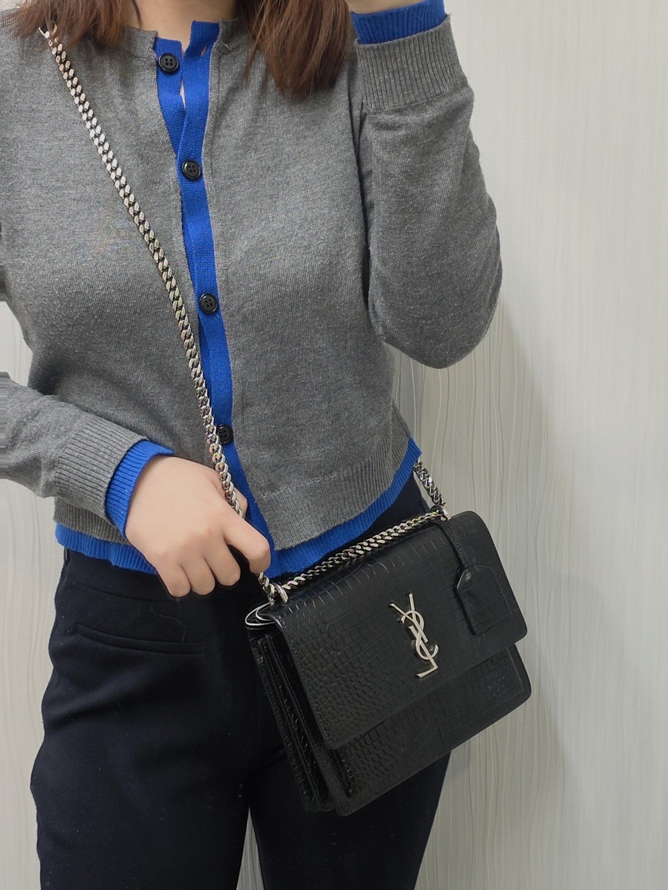 Saint Laurent Sunset Chain Handbag Black Croc Embossed Leather Silver Hardware (Pre-Owned)