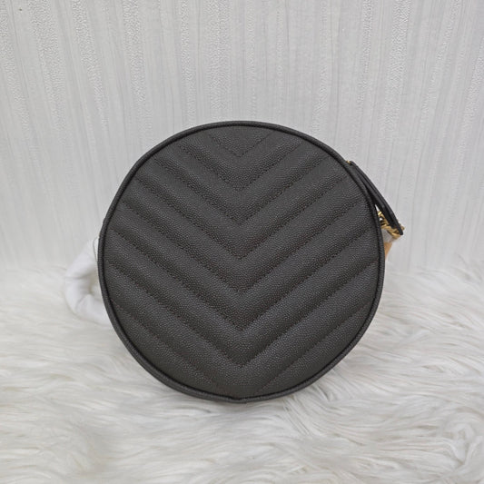 Saint Laurent Lou Round Crossbody Handbag Grey Quilted Leather Gold Logo (Pre-Owned)