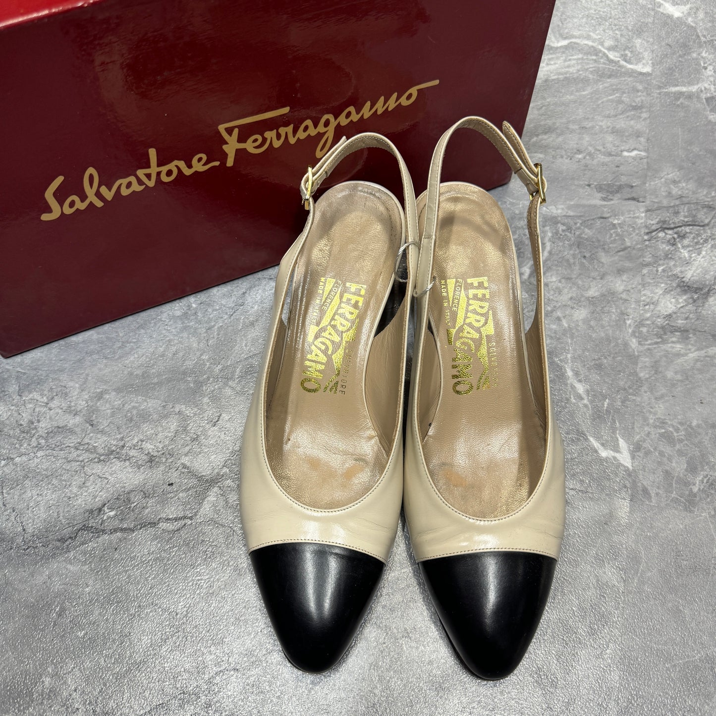 Ferragamo Two-Tone Cap-Toe Slingback Pumps (Pre-Owned)