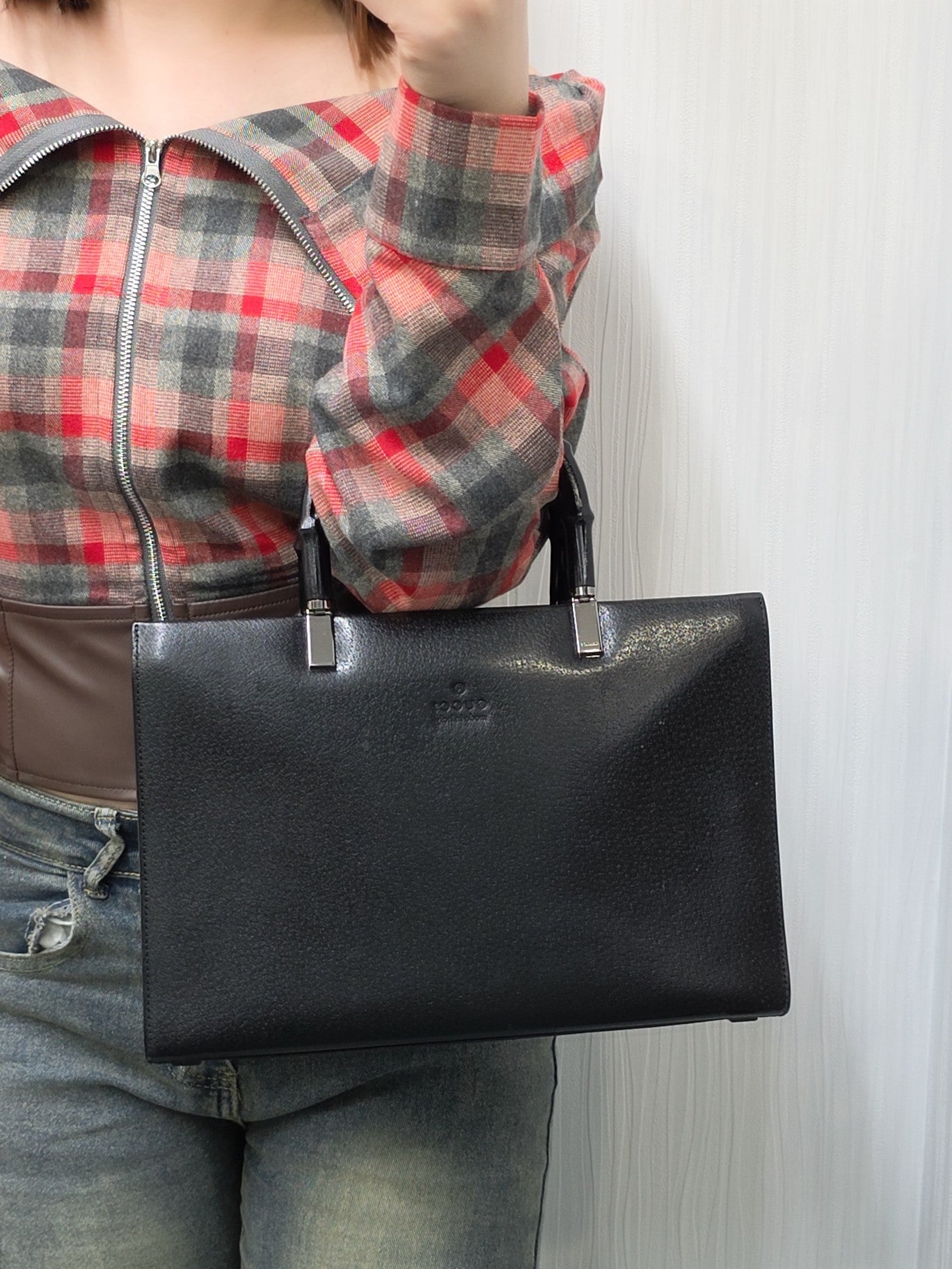 Gucci Bamboo Handle Structured Tote Bag Black Leather (Pre-Owned)