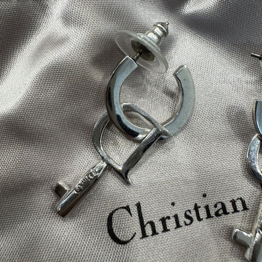 Christian Dior CD Logo Hoop Drop Earrings Silver (Pre-Owned)
