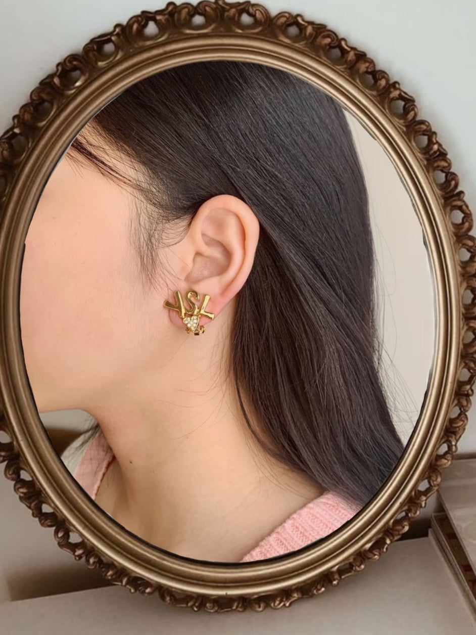 Yves Saint Laurent YSL Logo Heart Crystal Clip Earrings Gold (Pre-Owned)