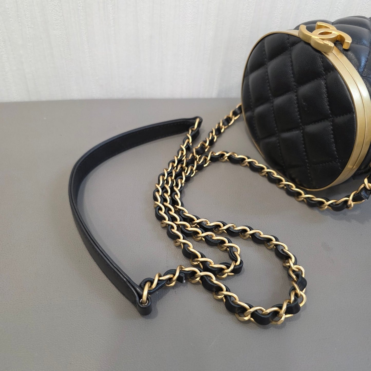 CHANEL Quilted Lambskin CC Cylinder Vanity Bag Black Gold Hardware (Pre-Owned)