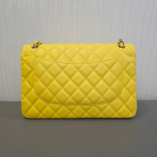CHANEL Classic Double Flap Lambskin Shoulder Bag Yellow (Pre-Owned)