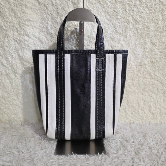 Balenciaga Bazar XS Stripe Leather 2Way Tote Bag Black White (Pre-Owned)