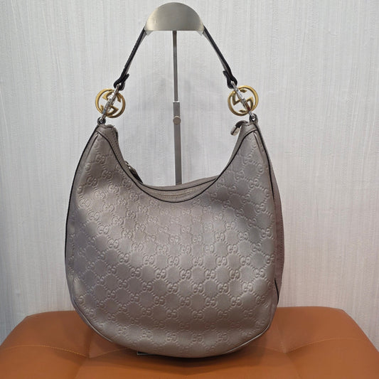 Gucci GG Guccissima Leather Hobo Shoulder Bag Metallic Silver (Pre-Owned)