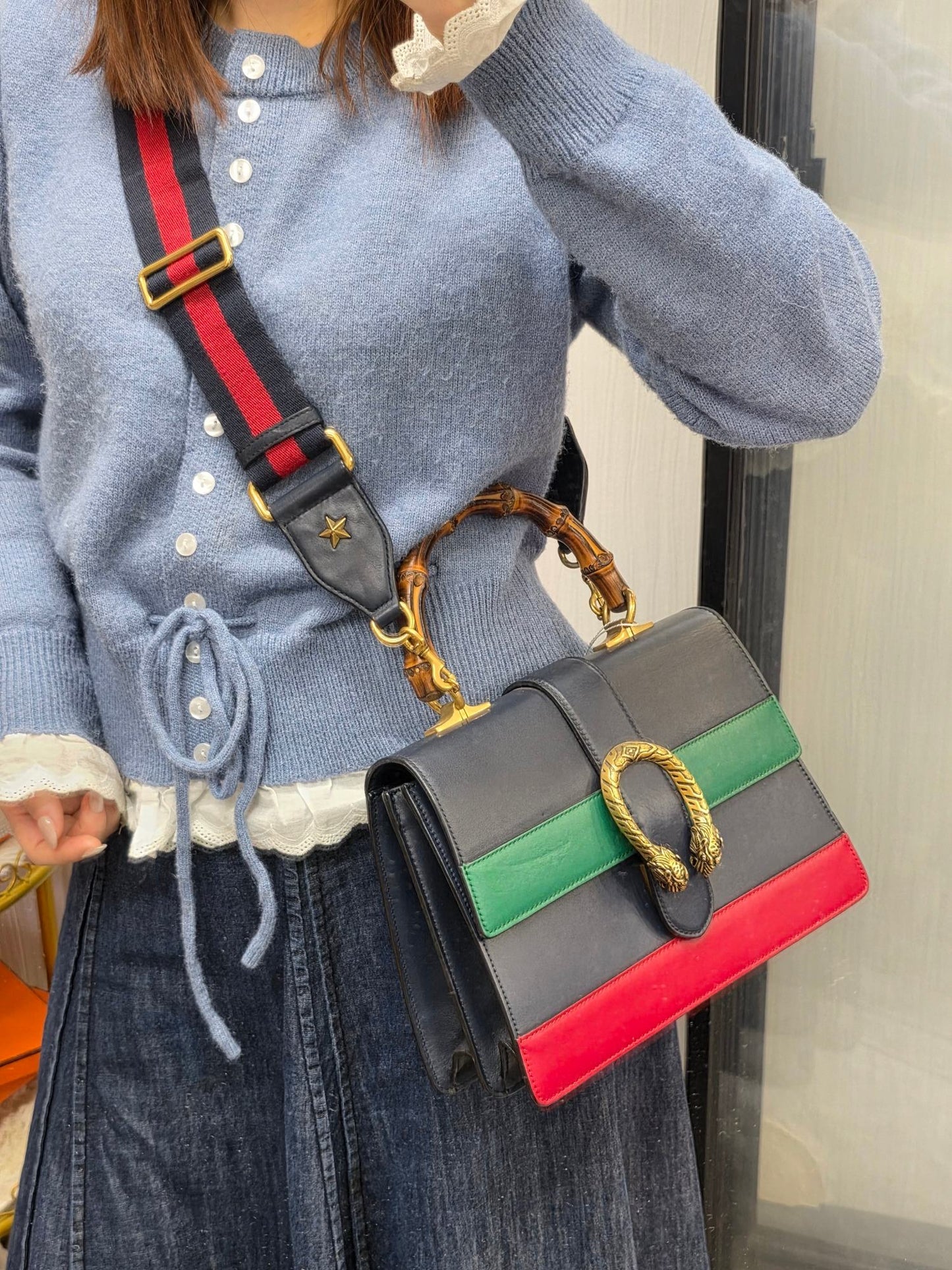 Gucci Dionysus Bamboo Top Handle Web Stripe Leather Bag (Pre-Owned)