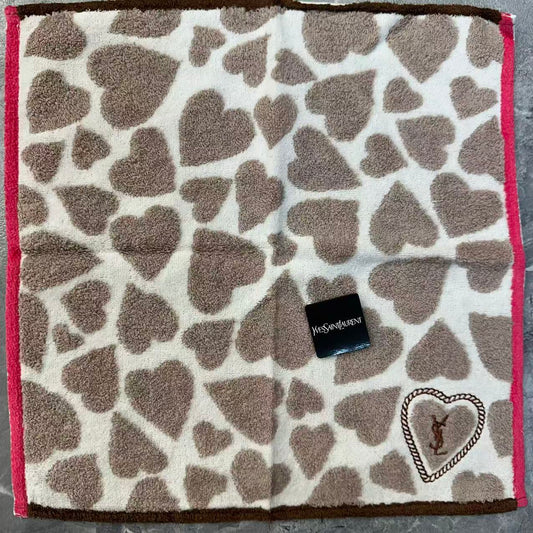 Yves Saint Laurent Heart Pattern Cotton Hand Towel Beige Brown (Pre-Owned)
