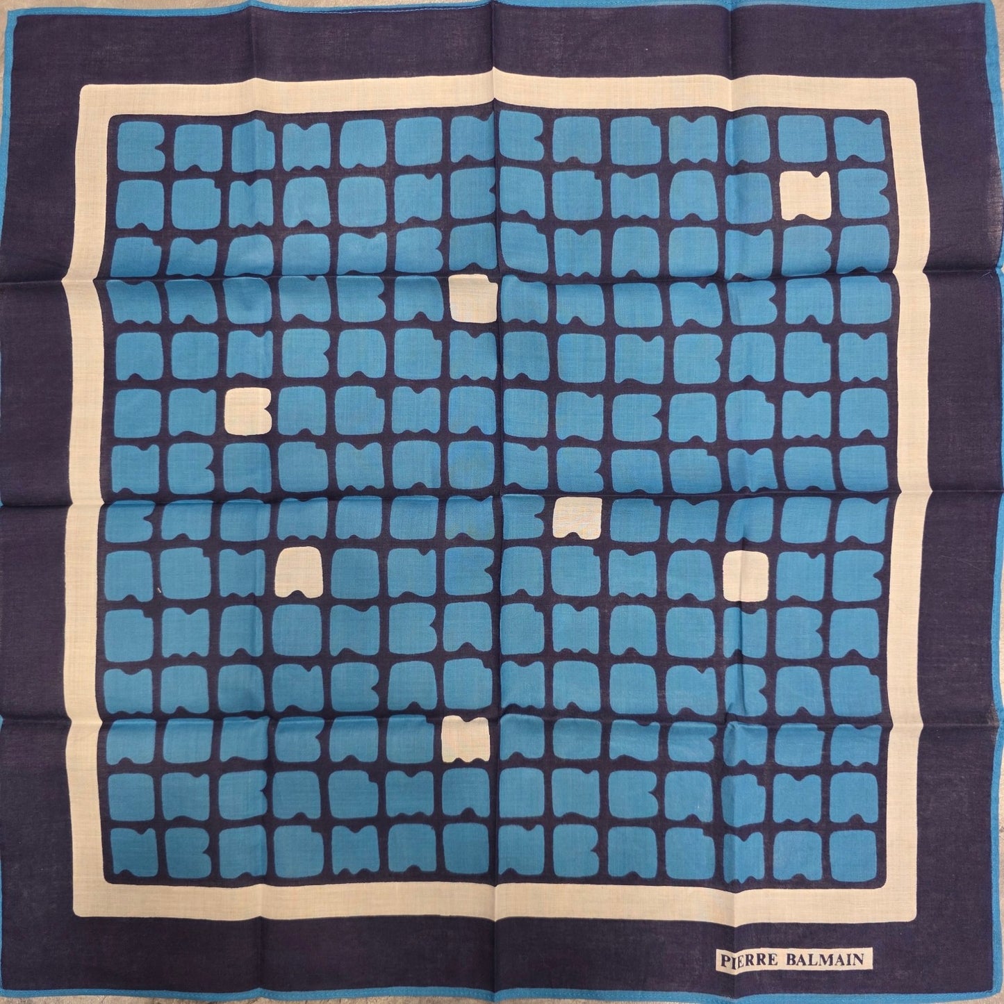 Pierre Balmain Geometric Grid Cotton Scarf Blue Navy (Pre-Owned)