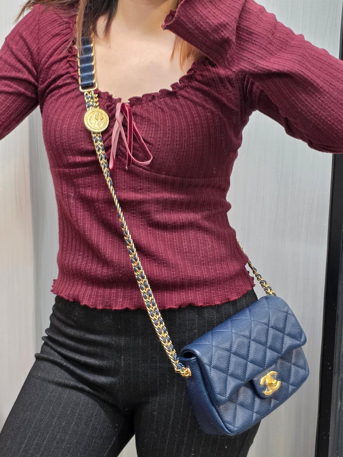 Chanel Mini Flap Bag Quilted Caviar Leather Chain Shoulder Navy (Pre-Owned)