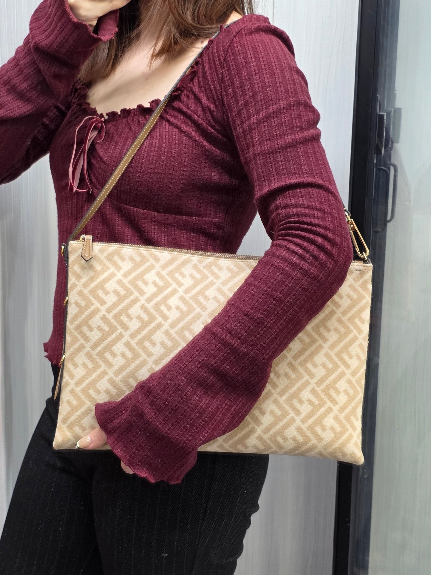 Fendi FF Monogram Canvas Flat Crossbody Shoulder Bag Beige (Pre-Owned)
