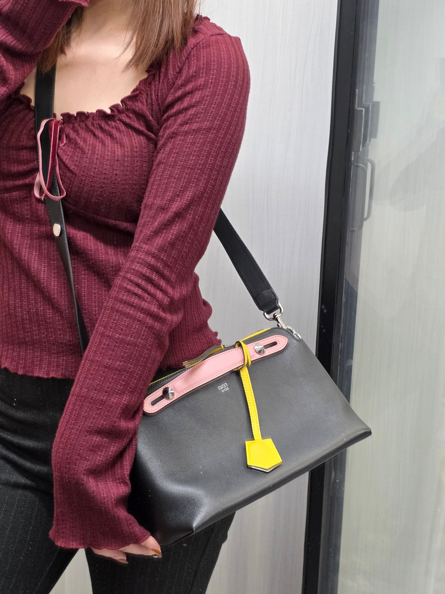 Fendi By The Way Leather Boston Bag Multicolor Black Pink Yellow (Pre-Owned)