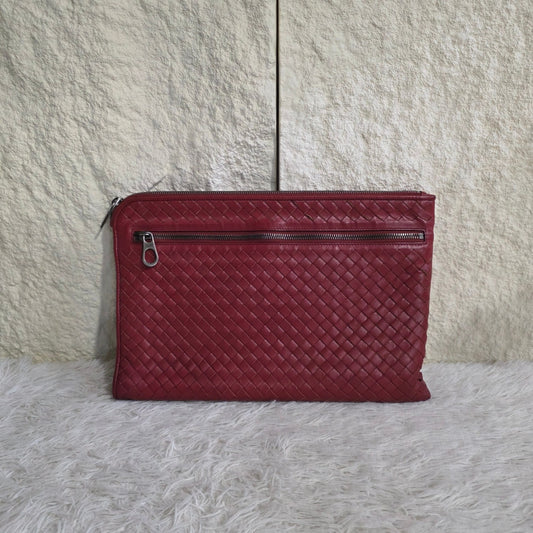 Bottega Veneta Intrecciato Leather Clutch Bag Red (Pre-Owned)