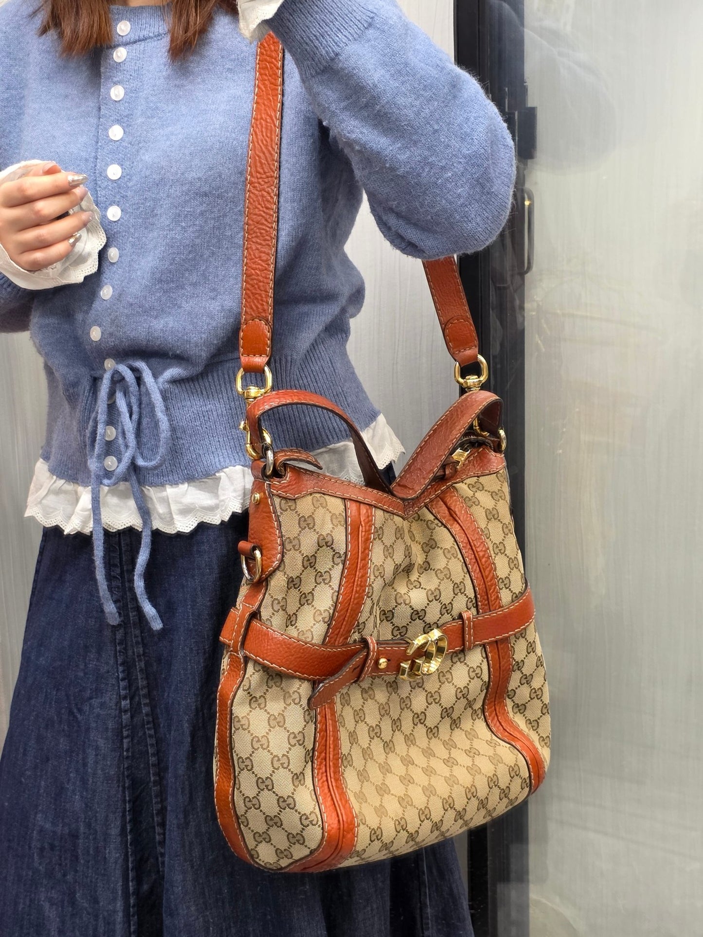 Gucci GG Canvas Belt Detail Shoulder Bag Beige & Brown (Pre-Owned)