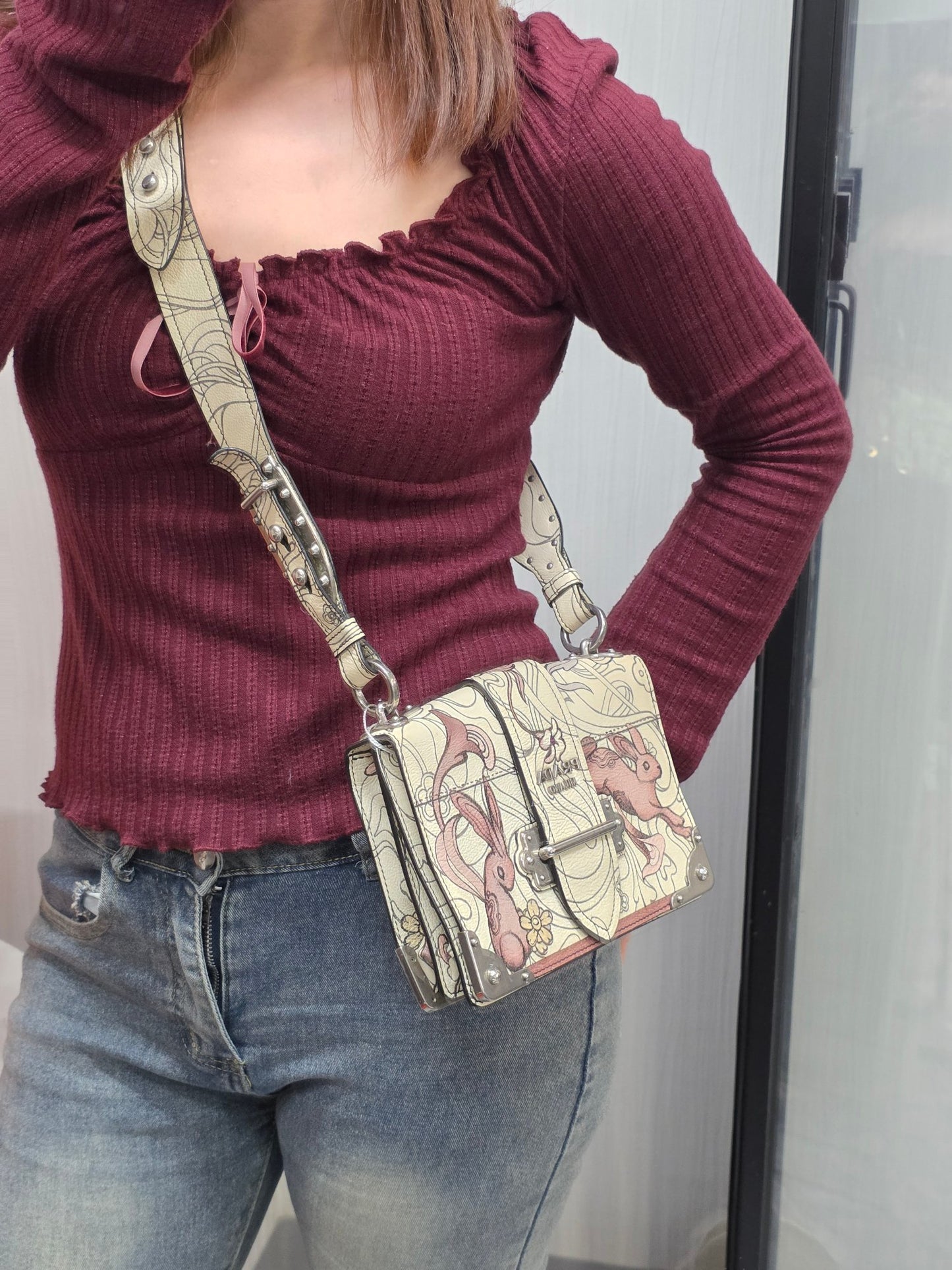 Prada Cahier Rabbit Print Leather Shoulder Bag (Pre-Owned)