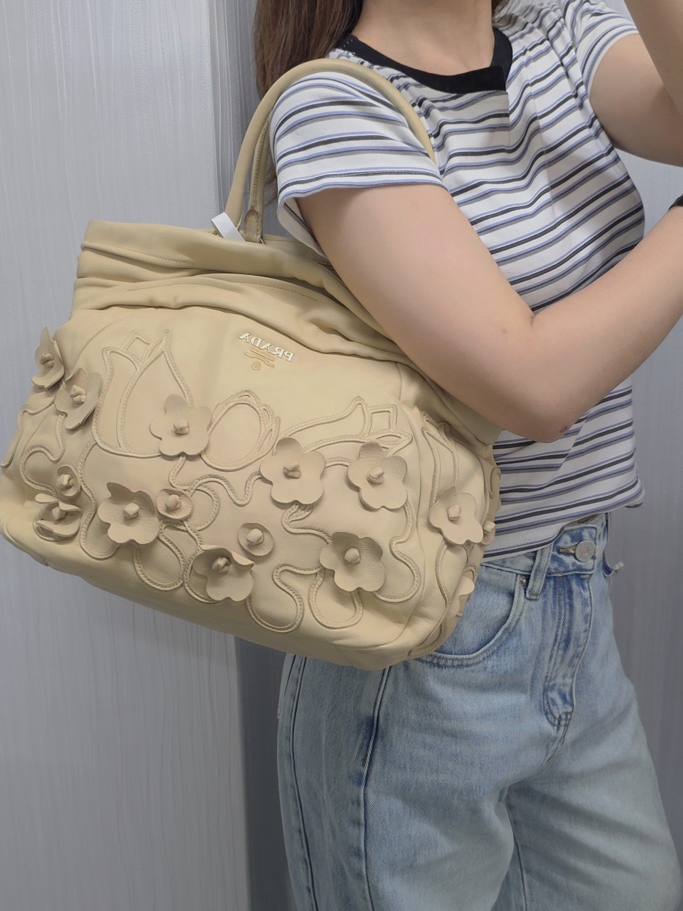 Prada Floral Appliqué Leather Handbag (Pre-Owned)