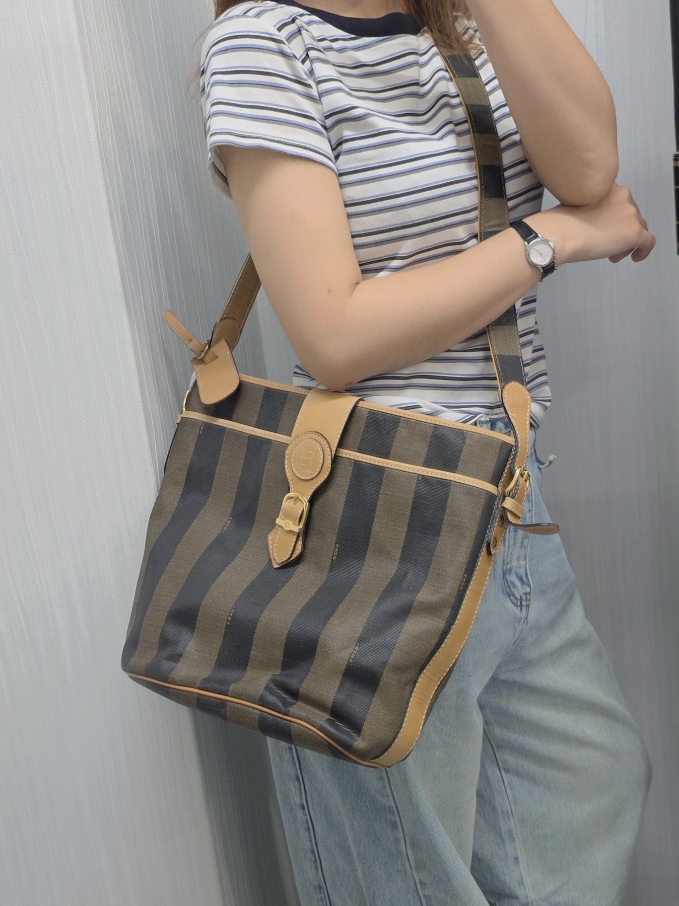1 Fendi Pequin Stripe Shoulder Bag (Pre-Owned)