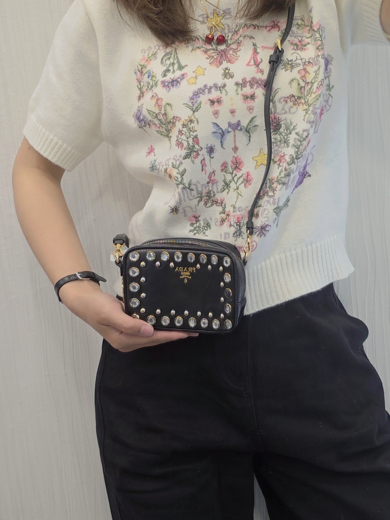 Prada Saffiano Leather Crystal Mini Bag (Pre-Owned)