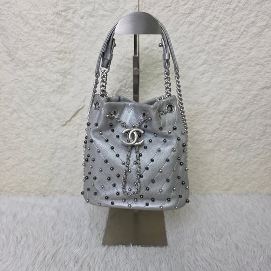 Chanel Studded Metallic Leather Drawstring Bucket Bag (Pre-Owned)