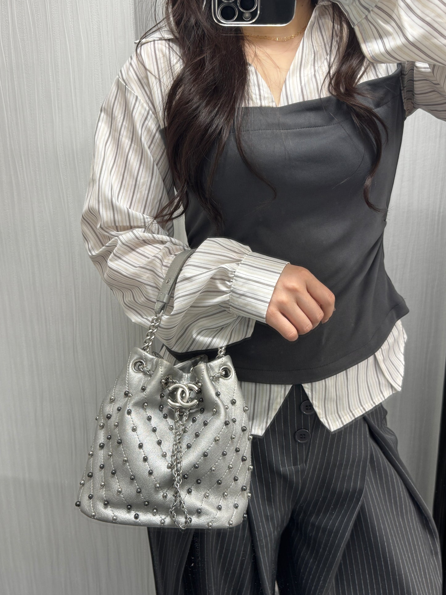 Chanel Studded Metallic Leather Drawstring Bucket Bag (Pre-Owned)