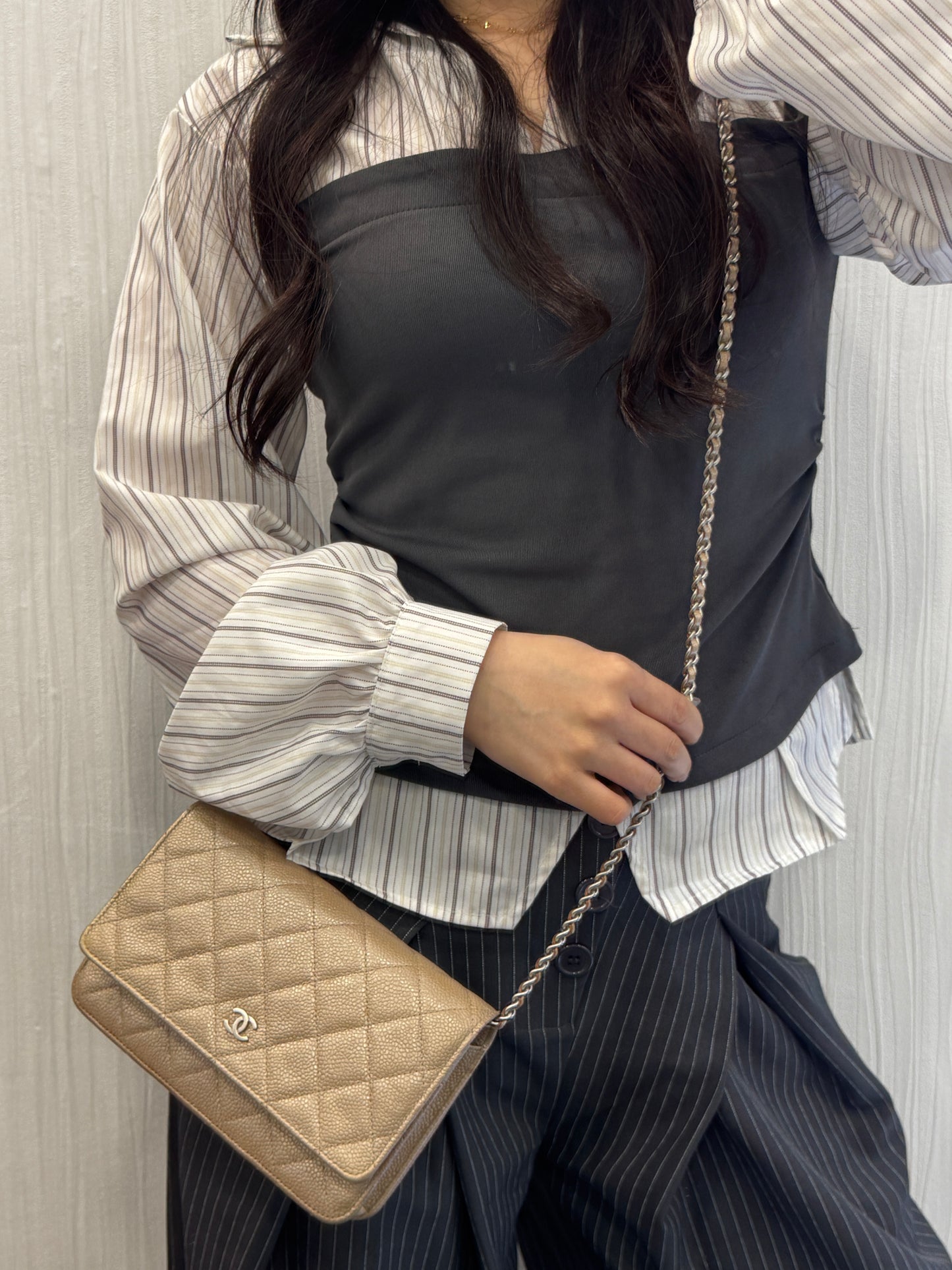 Chanel Beige Quilted Caviar Leather Wallet on Chain (Pre-Owned)