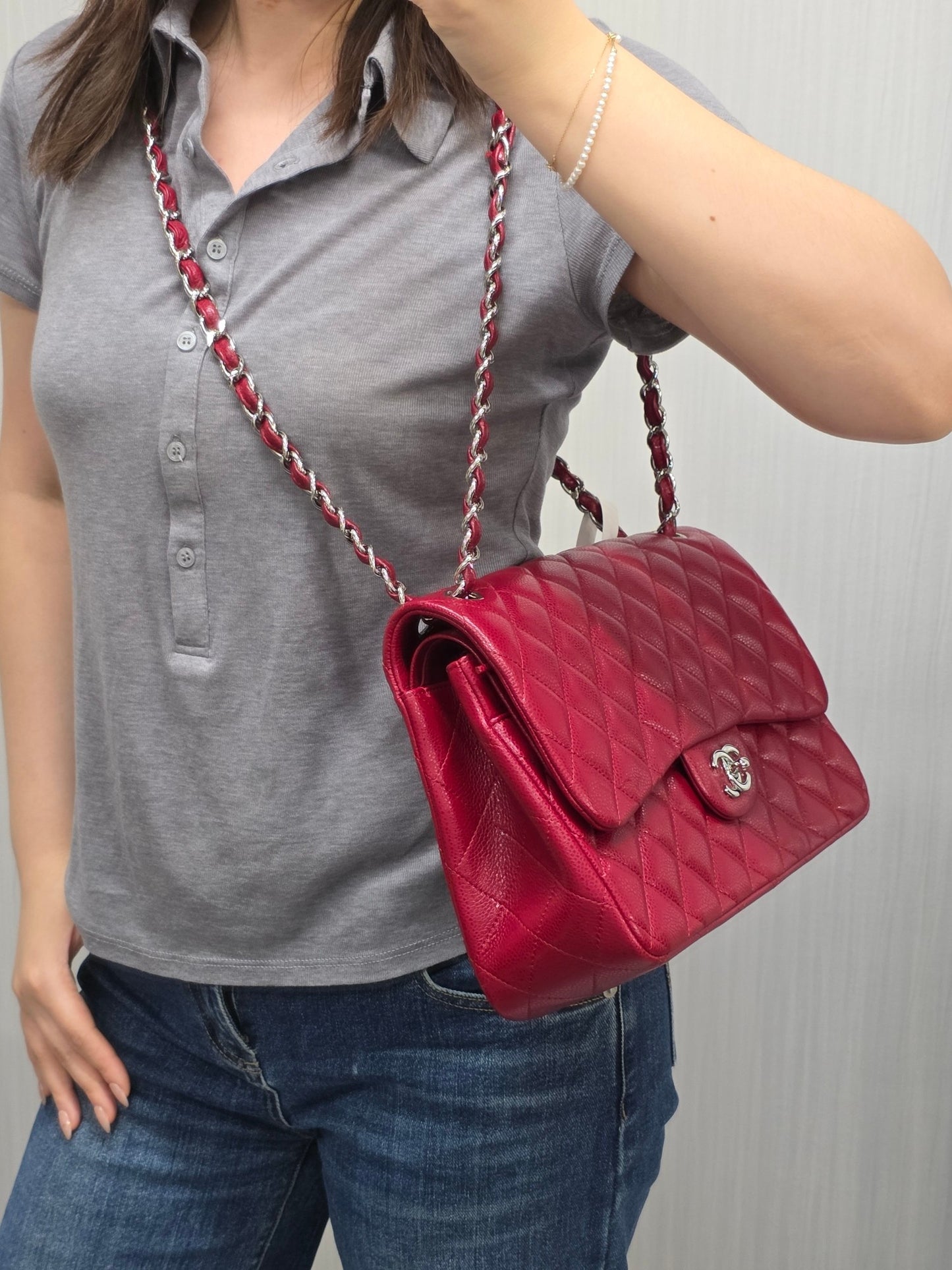 Chanel Red Quilted Caviar Leather Classic Flap Shoulder Bag (Pre-Owned)