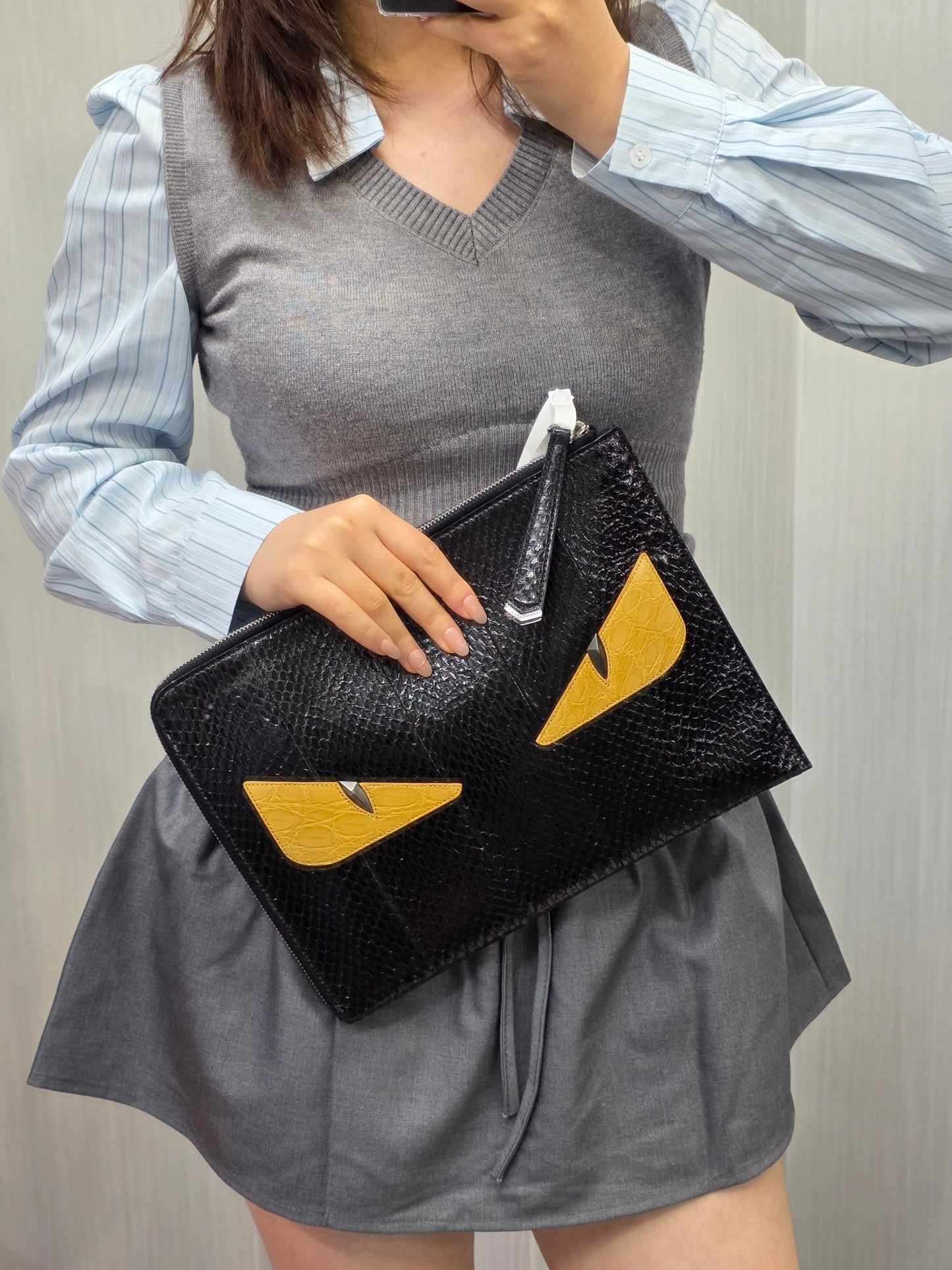 Fendi Bag Bugs Leather Zip Pouch Clutch Bag (Pre-Owned)