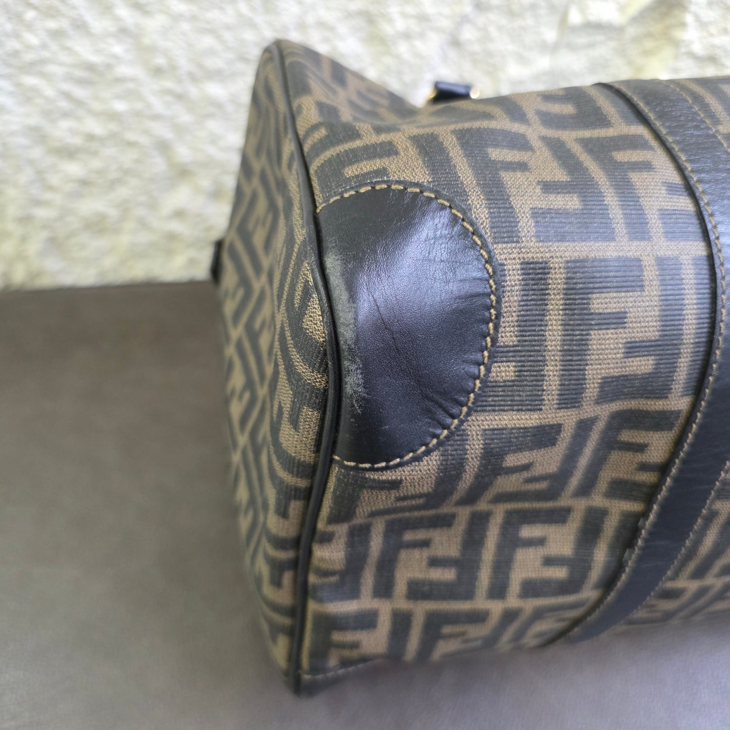 FENDI ズッカ柄 ボストンバッグ PVCレザー ブラック ブラウン【中古】