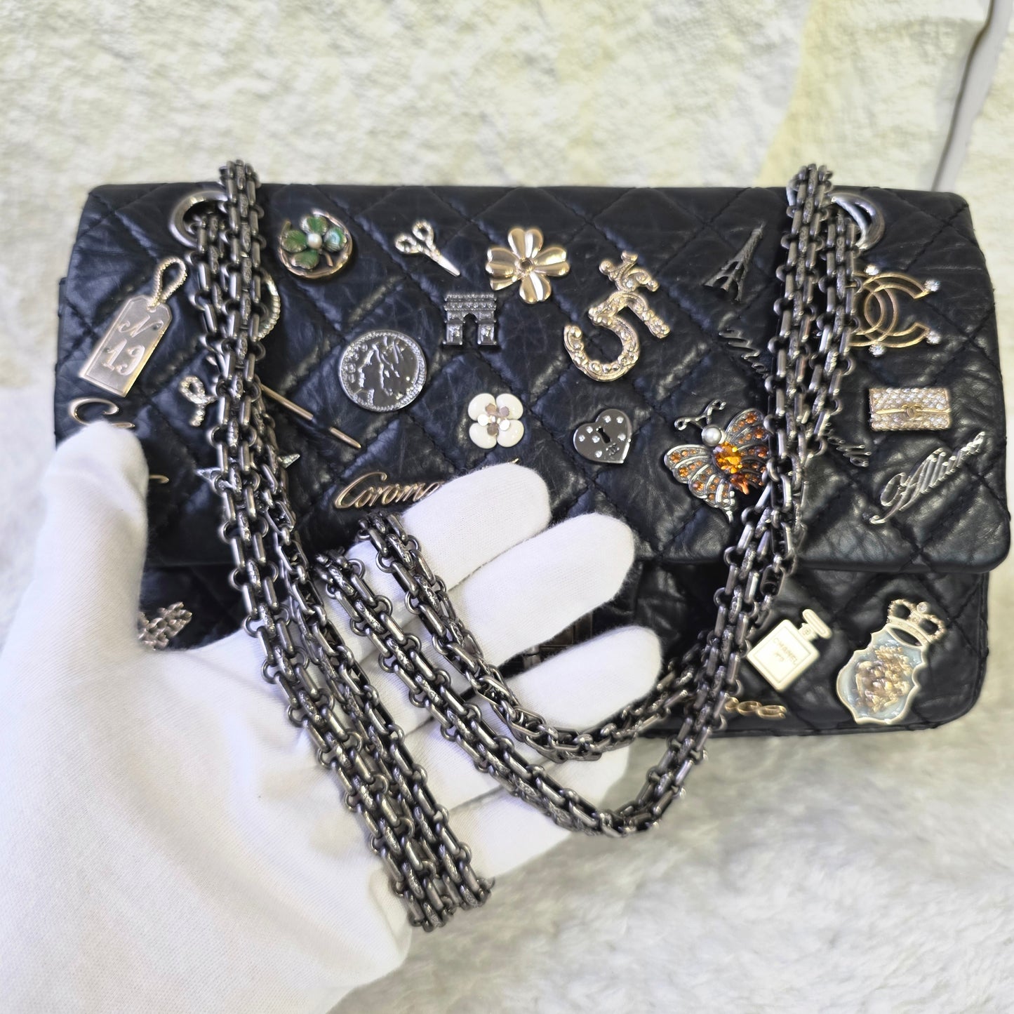 CHANEL 2.55 エンブロイダリー アイコン ダブルフラップ マトラッセ チェーンショルダーバッグ【中古】