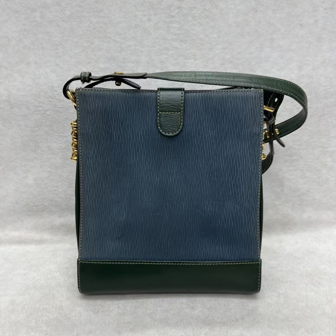 LOEWE ブルーグリーン カラーブロック スネークスキン クロスボディバッグ 【中古】