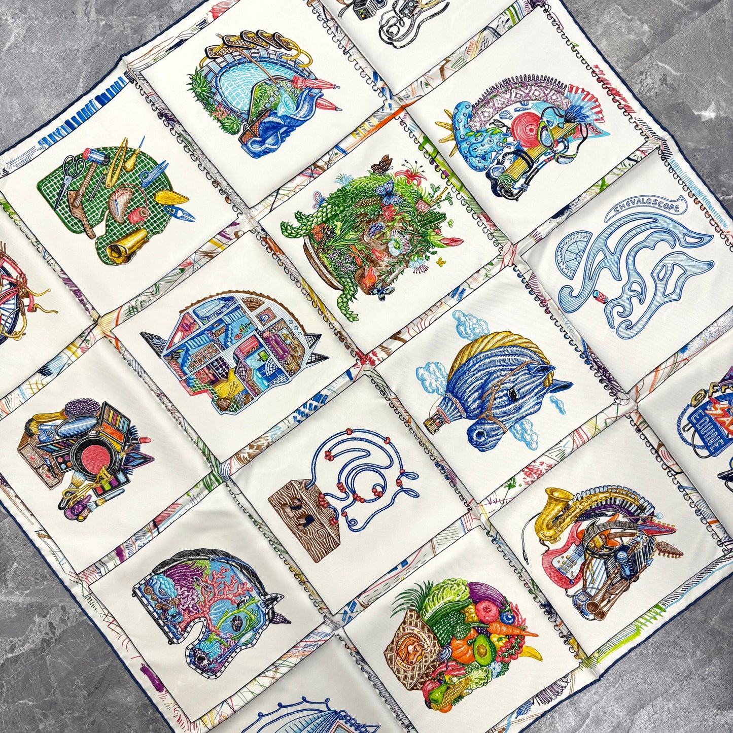 エルメス 90 プリズムホース シルクスカーフ【中古】