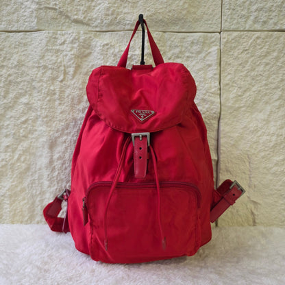 PRADA Tessuto Nylon Handbag Red with Silver Triangle Logo Plate [Pre-Owned]