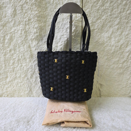 Salvatore Ferragamo Woven Handbag Canvas Black [Pre-Owned]