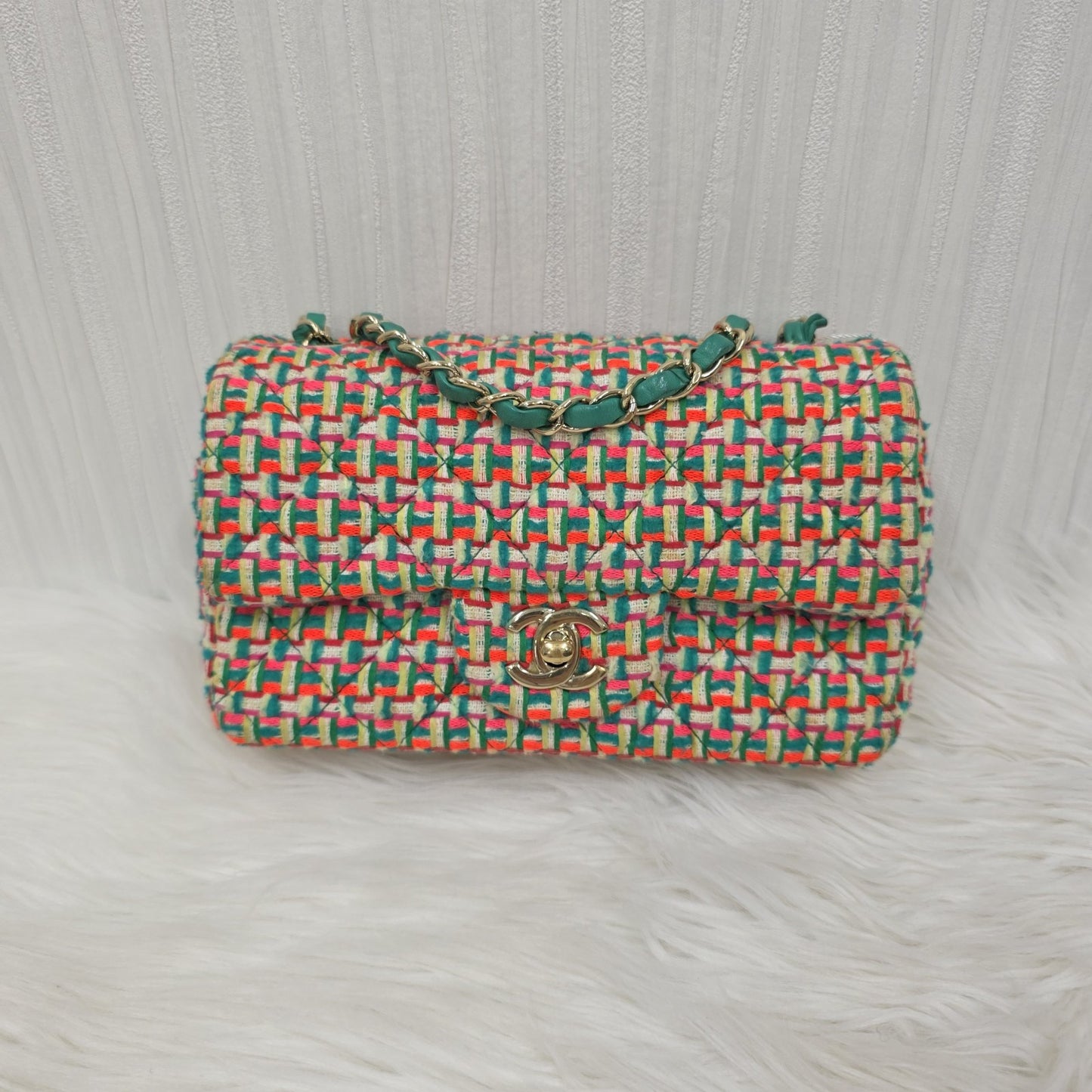 シャネル ツイード マトラッセ ダブルフラップ ダブルチェーン ショルダーバッグ 【中古】 