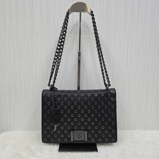 PRADA Metal Punching Leather Chain Shoulder Bag Black [Pre-Owned]