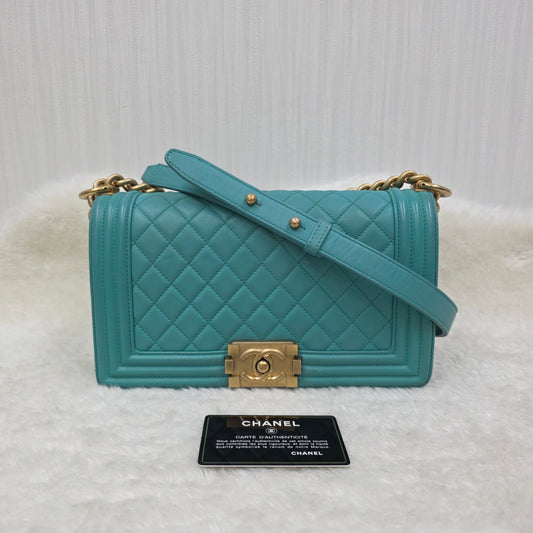 CHANEL Boy Chanel Chain Shoulder Bag Leather Mint Green [Pre-Owned]