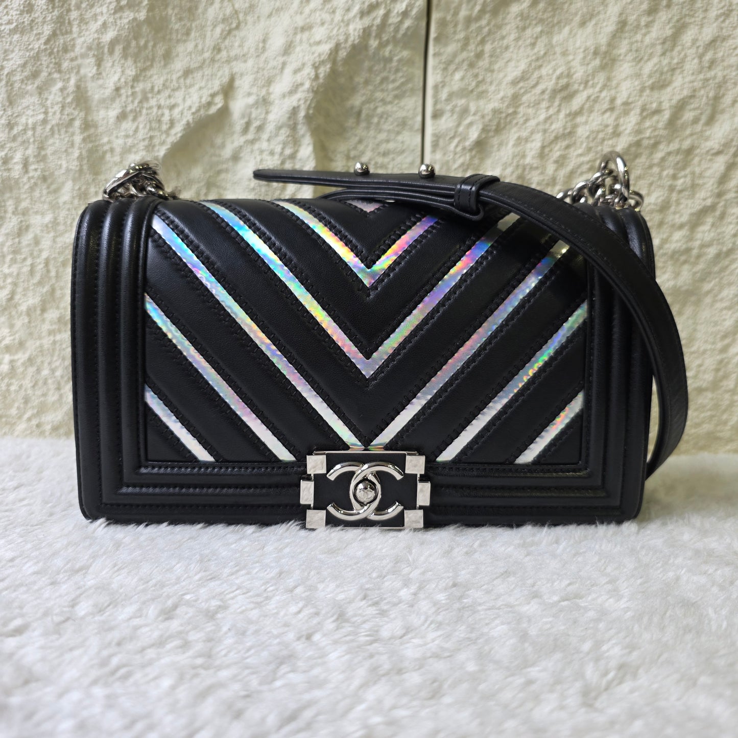 CHANEL Handbag Boy Chain Shoulder Chevron Metallic Black Silver [Pre-Owned]