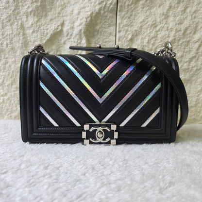 CHANEL Handbag Boy Chain Shoulder Chevron Metallic Black Silver [Pre-Owned]