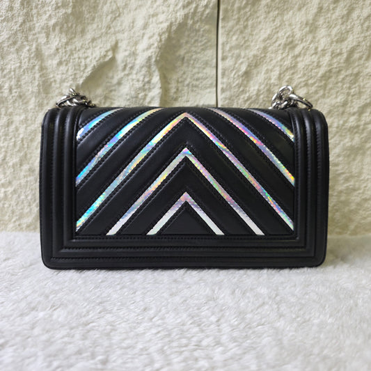 CHANEL Handbag Boy Chain Shoulder Chevron Metallic Black Silver [Pre-Owned]