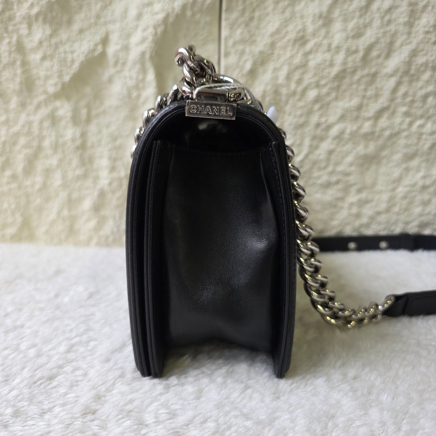 CHANEL Handbag Boy Chain Shoulder Chevron Metallic Black Silver [Pre-Owned]