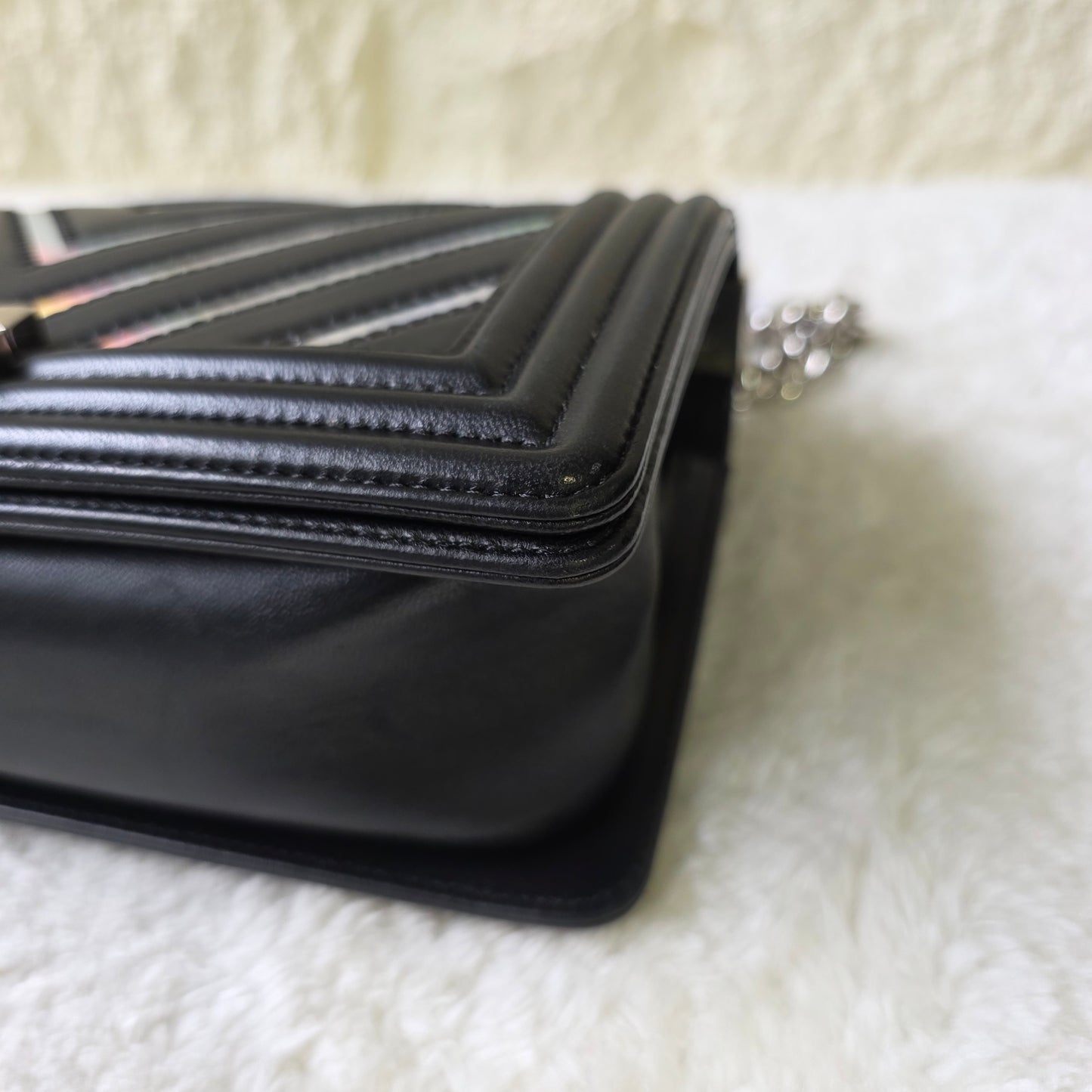 CHANEL Handbag Boy Chain Shoulder Chevron Metallic Black Silver [Pre-Owned]