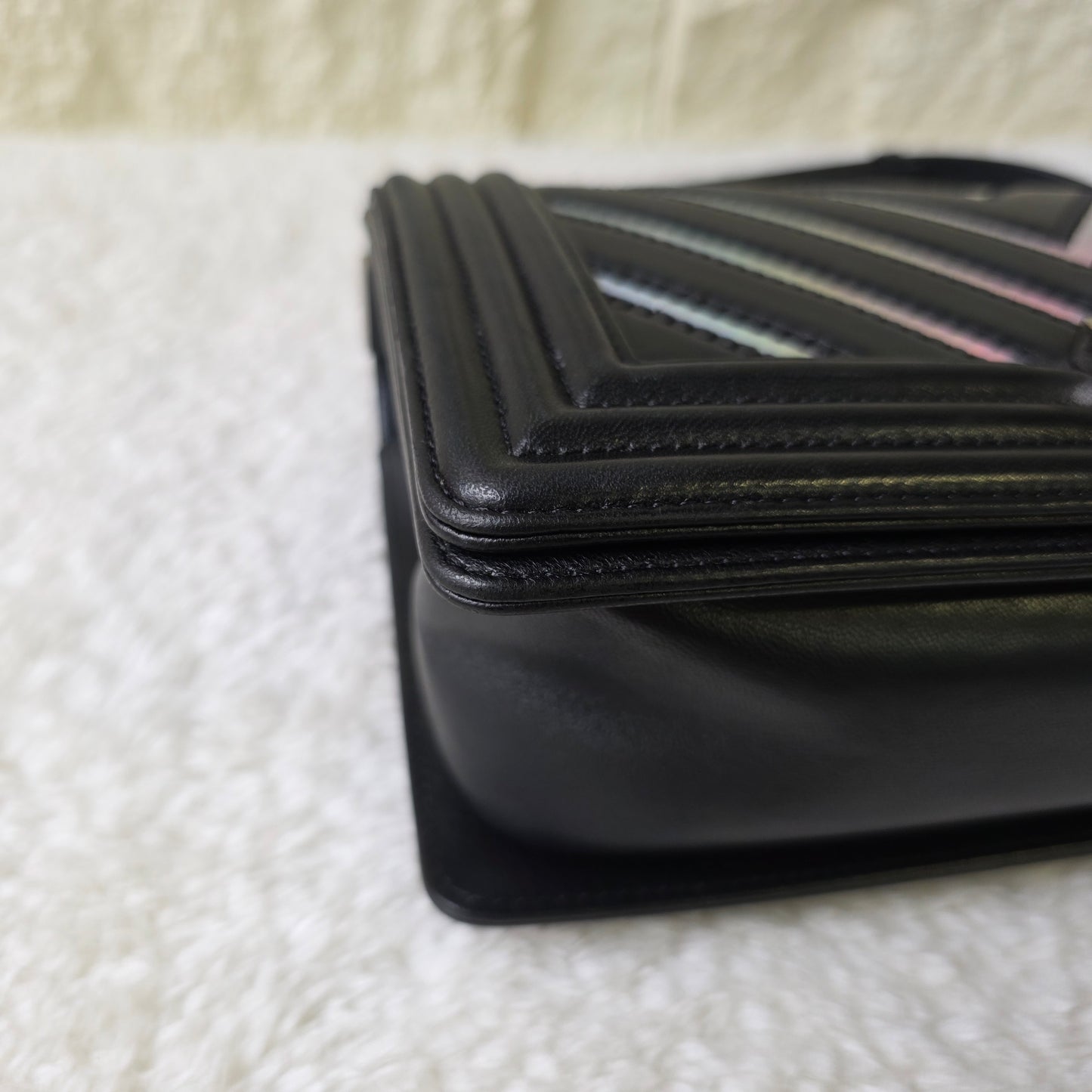CHANEL Handbag Boy Chain Shoulder Chevron Metallic Black Silver [Pre-Owned]