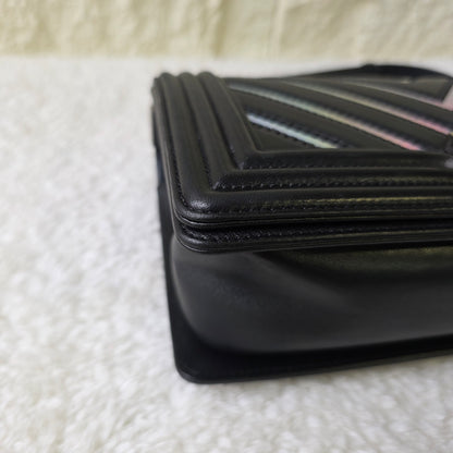 CHANEL Handbag Boy Chain Shoulder Chevron Metallic Black Silver [Pre-Owned]