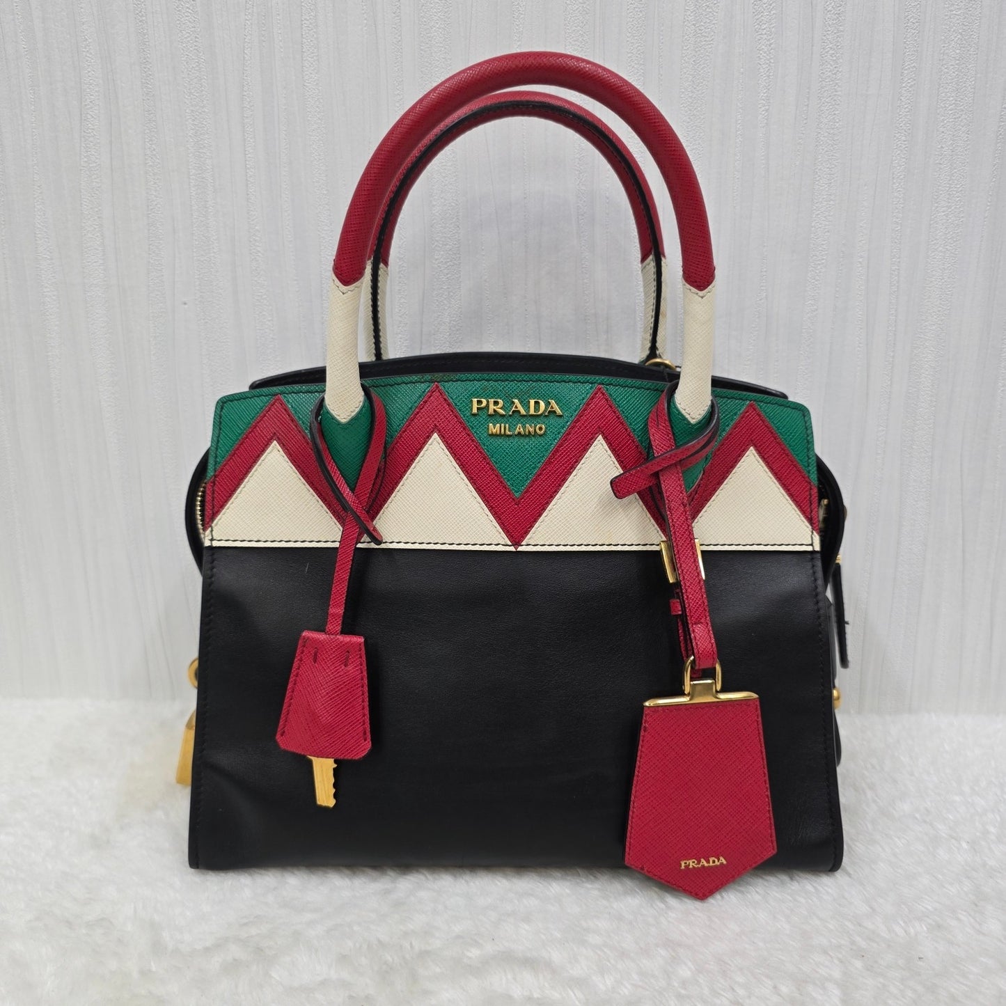 PRADA Esplanade City Medium Tote Bag in Black Calfskin & Greca Saffiano [Pre-Owned]