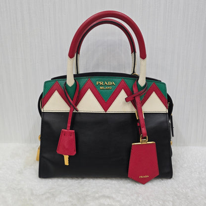 PRADA Esplanade City Medium Tote Bag in Black Calfskin & Greca Saffiano [Pre-Owned]