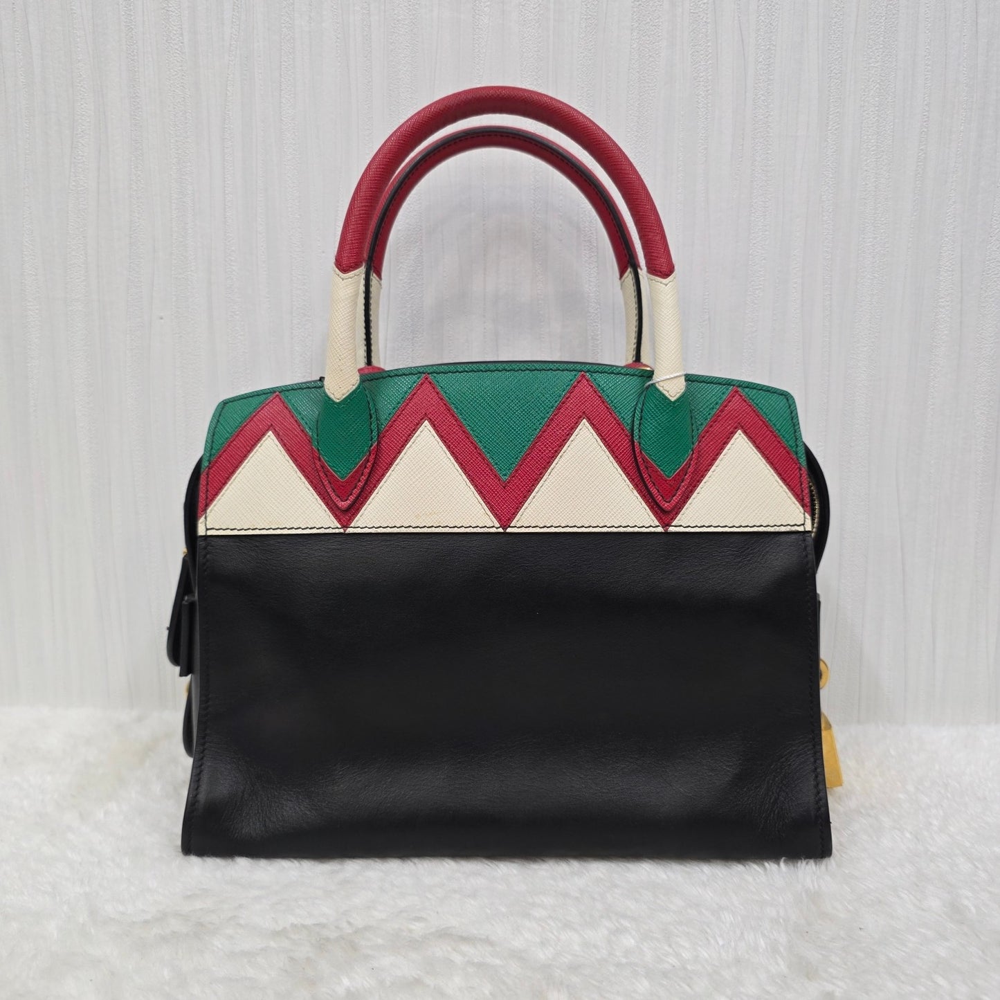 PRADA Esplanade City Medium Tote Bag in Black Calfskin & Greca Saffiano [Pre-Owned]