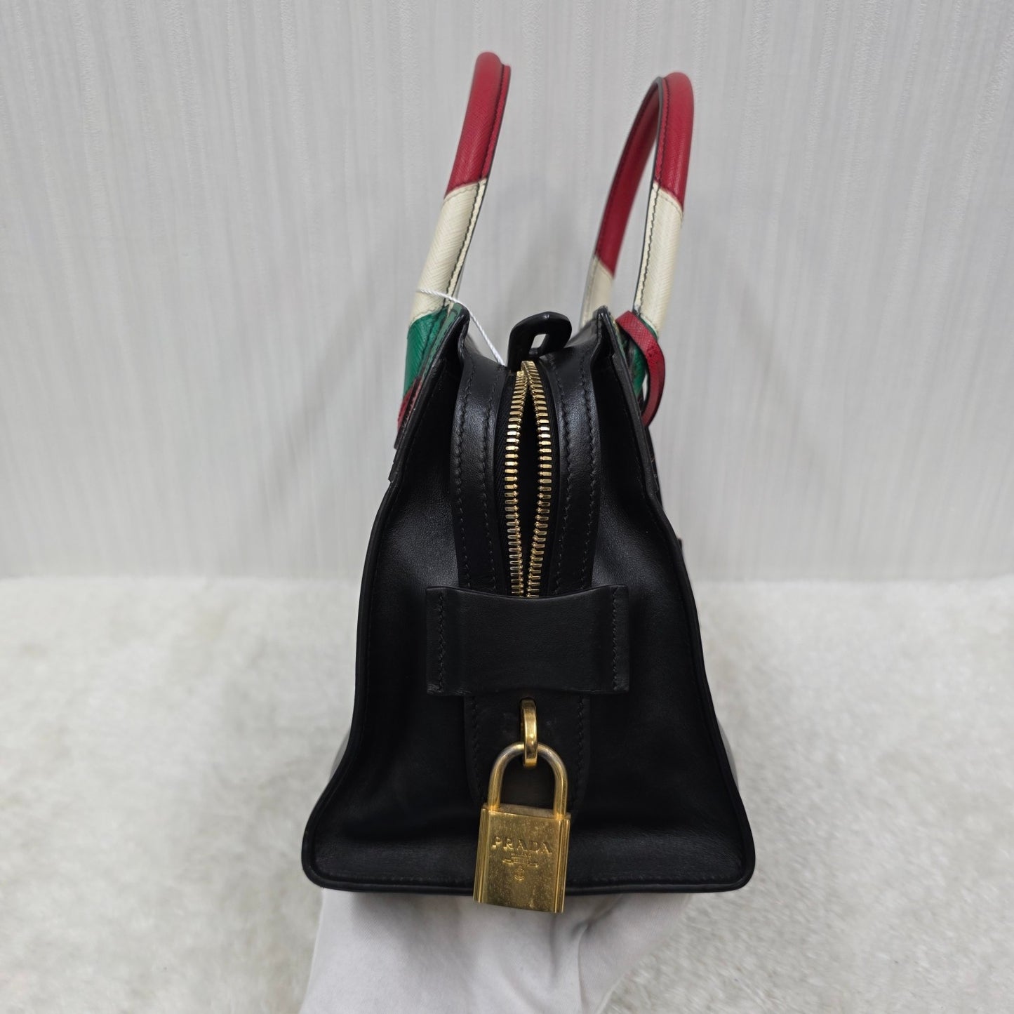 PRADA Esplanade City Medium Tote Bag in Black Calfskin & Greca Saffiano [Pre-Owned]