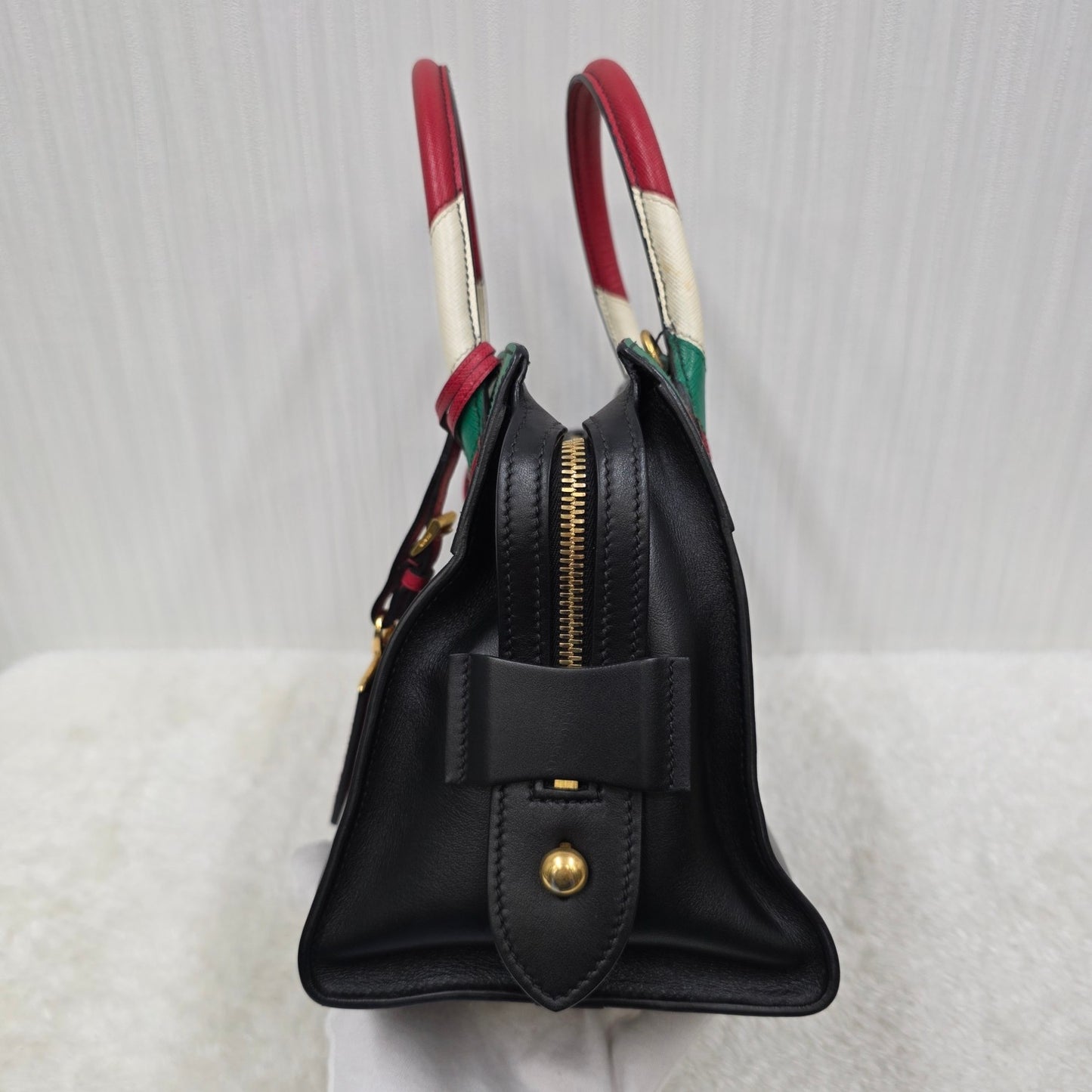 PRADA Esplanade City Medium Tote Bag in Black Calfskin & Greca Saffiano [Pre-Owned]