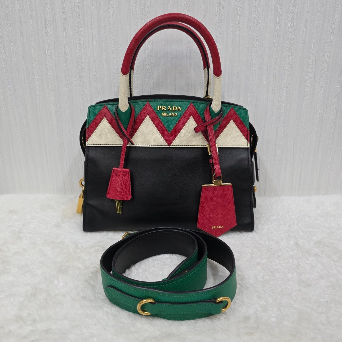 PRADA Esplanade City Medium Tote Bag in Black Calfskin & Greca Saffiano [Pre-Owned]