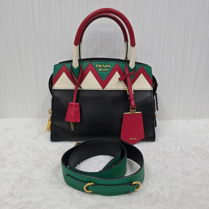 PRADA Esplanade City Medium Tote Bag in Black Calfskin & Greca Saffiano [Pre-Owned]